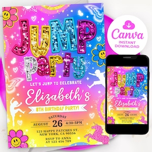 Invitación de cumpleaños con diseño de salto, invitación con parche y brillantina, invitación para fiesta de trampolín para niñas, invitación con brillantina, plantilla editable Canva LP01