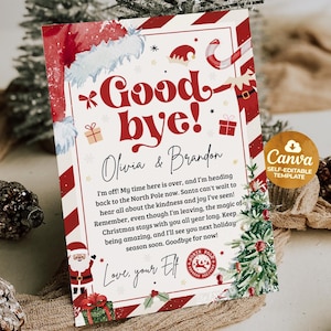 Puede incluir: Una tarjeta navide&ntilde;a festiva con un borde rojo y blanco. La tarjeta presenta las palabras "Goodbye!" en letras rojas grandes, junto con un mensaje de un elfo. Ilustraciones de Pap&aacute; Noel y regalos decoran la tarjeta. Tambi&eacute;n se muestra una plantilla editable de Canva.
