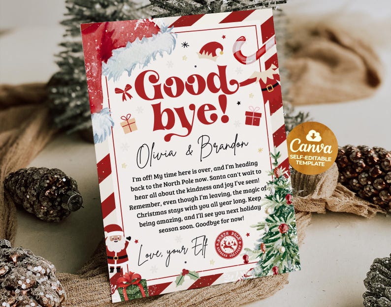 Puede incluir: Una tarjeta navide&ntilde;a festiva con un borde rojo y blanco. La tarjeta presenta las palabras "Goodbye!" en letras rojas grandes, junto con un mensaje de un elfo. Ilustraciones de Pap&aacute; Noel y regalos decoran la tarjeta. Tambi&eacute;n se muestra una plantilla editable de Canva.
