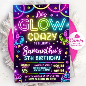 May include: A vibrant invitation for Samantha's 5th birthday, featuring neon-style text that reads "Let's Glow Crazy." The design includes balloons, stars, and a cake illustration. The invitation provides event details, including the date, time, and location.
