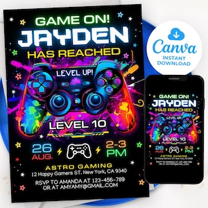 May include: A neon-coloured video game controller with the text "Game On! Jayden Has Reached Level 10" and "Aug. 26 2-3 PM" on a black background. The text "Astro Gaming" is at the bottom of the invitation with an address and contact information.