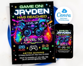 Invito per festa a tema videogiochi, invito di compleanno per gamer, invito di compleanno Level Up, modello per ragazzo gamer, modello Canva modificabile LP01