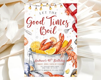 Meerjungfrau-Geburtstagsfeier-Einladung, Let The Good Times Boil Einladung, Garnele, Tintenfisch, Langusten, bearbeitbare Vorlage Canva LP01