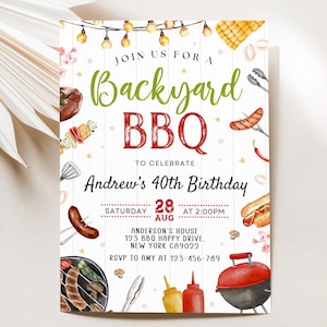 May include: A white invitation with a red and white striped background. The text reads "Join us for a Backyard BBQ to celebrate Andrew's 40th Birthday." The invitation features a watercolor illustration of grilling tools, food, and a grill.