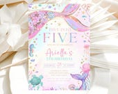 Dive into Five 5th Birthday Mermaid Invitation, Mermaid Bash Under the Sea Birthday Invite, Pink Purple Blue Mermaid Invites, Canva Template