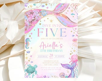 Dive into Five 5th Birthday Mermaid Invitation, Mermaid Bash Under the Sea Birthday Invite, Pink Purple Blue Mermaid Invites, Canva Template