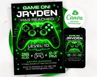Invito per festa a tema videogiochi, invito di compleanno per gamer verde, invito di compleanno Level Up, modello per ragazzo gamer, modello Canva modificabile LP02