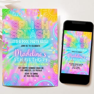 Splish Splash Birthday Invitation, Pool Party Birthday Invitation, Splash Pad Water Slide, Swimming Party Invite, Editable Canva Template 01 image 2
