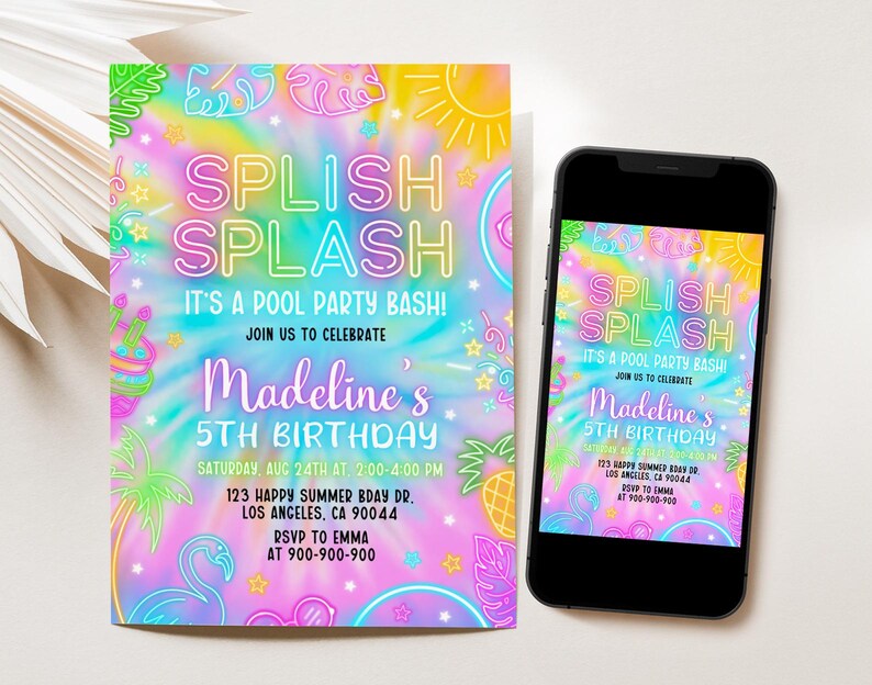 Splish Splash Birthday Invitation, Pool Party Birthday Invitation, Splash Pad Water Slide, Swimming Party Invite, Editable Canva Template 01 image 2