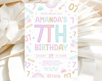 7Th Girl Birthday Invitation, Colorful 7Th Invitation, Girl Birthday Invitation, 7th Invites, Canva Editable Template 01