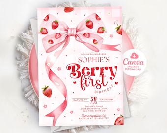 Berry First Birthday Invitation, Strawberry Birthday Invitation Template, Berry 1st Birthday, Bow First Birthday Invitation, LP02251