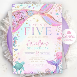 May include: A mermaid-themed birthday invitation with the text "Dive into Five" and "Ariella's 5th Birthday." The design features a mermaid tail, seahorse, turtle, and jellyfish illustrations in pastel colors. The invitation is on a purple plate.