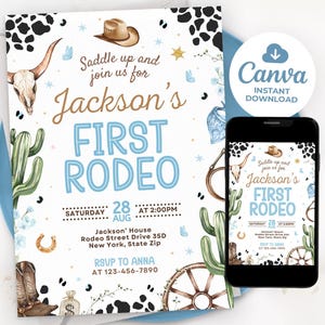 K&ouml;nnte beinhalten: Eine Einladung zum Thema Rodeo mit dem Text "Jackson's FIRST RODEO" in Blau und Braun. Das Design umfasst Cowboy-Stiefel, einen Stiersch&auml;del, ein Hufeisen und einen Kaktus. Ein Smartphone zeigt die Einladung.