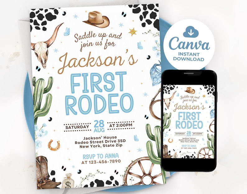 K&ouml;nnte beinhalten: Eine Einladung zum Thema Rodeo mit dem Text "Jackson's FIRST RODEO" in Blau und Braun. Das Design umfasst Cowboy-Stiefel, einen Stiersch&auml;del, ein Hufeisen und einen Kaktus. Ein Smartphone zeigt die Einladung.