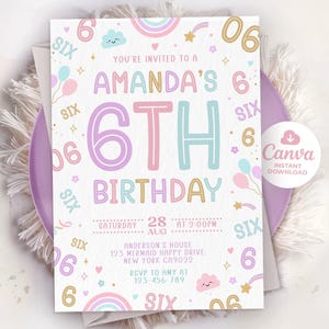 6Th Girl Birthday Invitation, Colorful 6Th Invitation, Girl Birthday Invitation, 6th Invites, Canva Editable Template 01