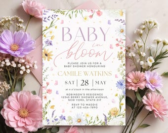 Baby in Bloom Invitation, Baby Shower Invitation, Flower Baby Shower Invitation, Wildflowers Baby Shower Invite, Editable Template LP01