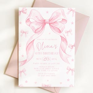 Pink Bow Birthday Invitation, Girl Pink Birthday Invite, Coquette Pink Bow Invitation, Pink Girl Ribbon, Editable Template LP01