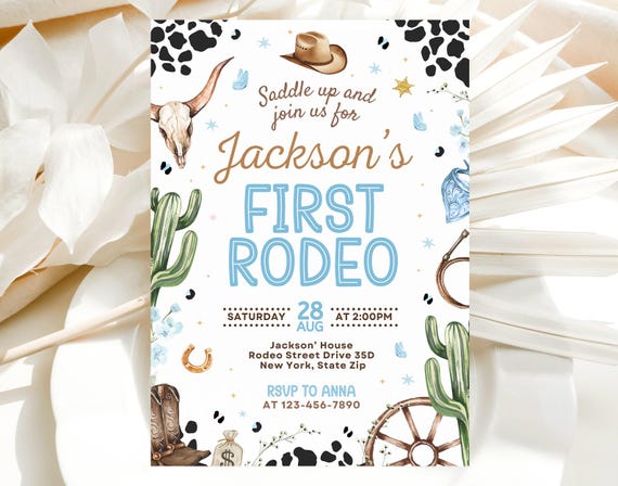 First Rodeo Invitation, My 1st Rodeo Invitation, Cowboy Birthday Invite, Boy 1st Birthday Invites, Editable Template Canva LP013