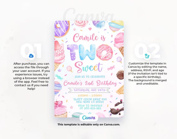 Two Sweet Invitation, 2nd Birthday Invitation, Sweets Invite, Sweet Birthday, Editable Canva Template 02LP