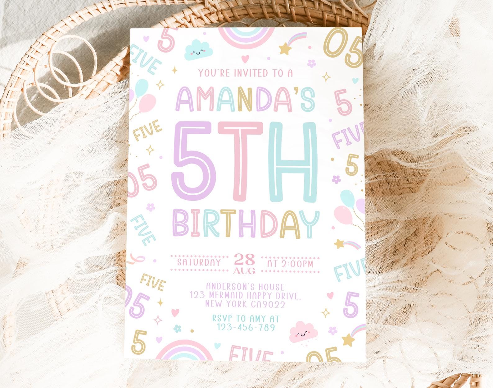 5Th Girl Birthday Invitation, Colorful 5Th Invitation, Girl Birthday Invitation, 5th Invites, Canva Editable Template 01