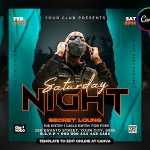 EDITABLE Party Flyer, Canva Club Flyer Template perfect for DJ or Night Club Events, 4x4 Inch