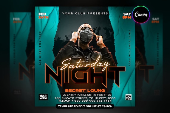 EDITABLE Party Flyer, Canva Club Flyer Template perfect for DJ or Night Club Events, 4x4 Inch