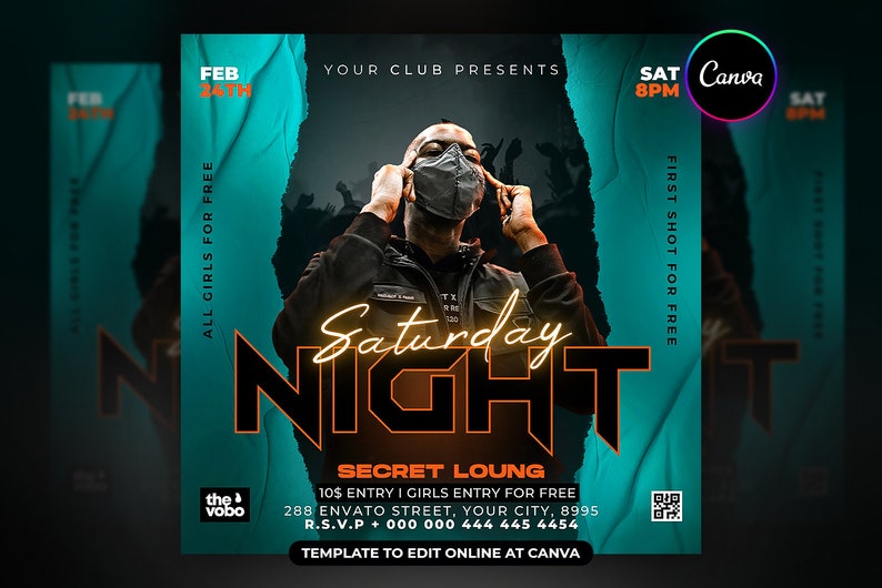 Puede incluir: Un folleto turquesa y negro con el texto "Saturday Night" en letras negritas, naranja y negras. El folleto anuncia un evento en un club con el texto "Your Club Presents" y "Secret Lounge". El folleto tambi&eacute;n incluye la fecha "Feb 24th", la hora "8PM", y el texto "All Girls For Free" y "First Shot For Free".