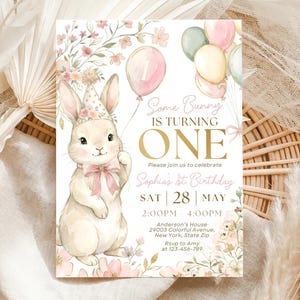 Some Bunny is One, Pink Bow Rabbit eerste verjaardagsuitnodiging, 1e verjaardagsuitnodiging, Some Bunny-uitnodiging, bewerkbare canvassjabloon afbeelding 3
