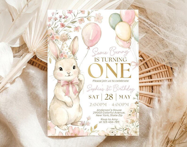 Some Bunny is One, Pink Bow Rabbit eerste verjaardagsuitnodiging, 1e verjaardagsuitnodiging, Some Bunny-uitnodiging, bewerkbare canvassjabloon afbeelding 3