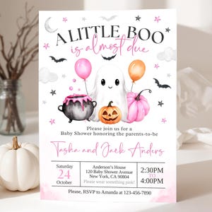 Pink A Little Boo Baby Shower Invitation Bundle, Girl Halloween Baby Shower Invite, Ghost Halloween Baby Shower Invite, Editable Template 01