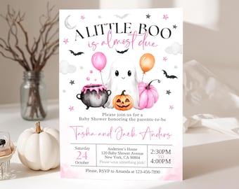 May include: A Halloween-themed baby shower invitation with the text "A Little Boo is Almost Due." The design features a friendly ghost, pumpkins, bats, and balloons in pink and orange. The invitation includes the date, time, and location.