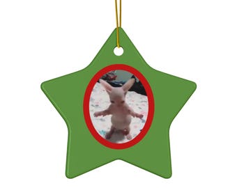 Puede incluir: Un adorno de Navidad verde en forma de estrella con un círculo rojo que contiene una foto de un gato sin pelo de pie sobre sus patas traseras.