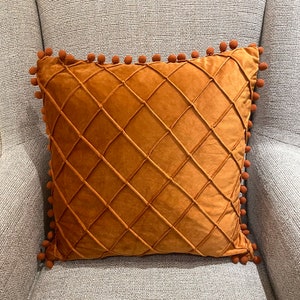 Burnt Orange Velvet Ribbed Cushion Cover with Pom Pom Beading | Soft and Cosy Rust Orange