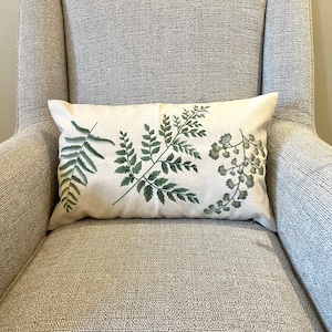 Embroidered Botanical Mixed Leaves Style Cushion Cover | Plant Inspired Home Decor | Sage Green Cushion Cover