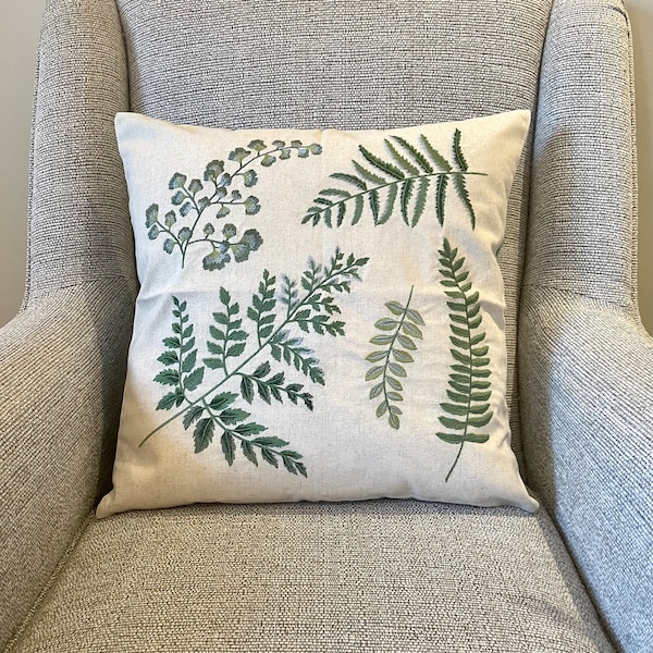 Embroidered Botanical Mixed Leaves Style Cushion Cover | Plant Inspired Home Decor | Sage Green Cushion Cover
