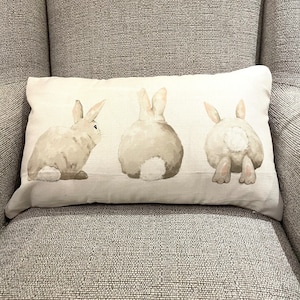 Bunny Rabbit Cushion Cover | Trio of White Grey Rabbits | Dusky Pink Velvet | Easter Decoration | E23103