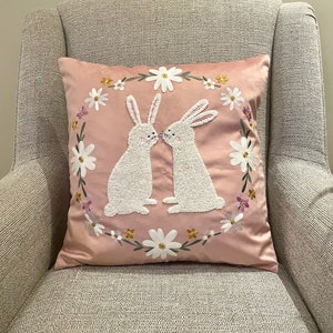 Pink Velvet Bunnies Cushion Cover | Easter Bunny Decor | Easter Floral Wreath | Pastel Easter Decor | Neutral Easter Decor | E24102
