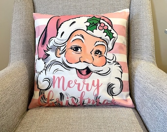 Pink Santa Claus Cushion Cover | Candy Striped Christmas Decor | Fun Christmas Decor | Pink and White Christmas Decor