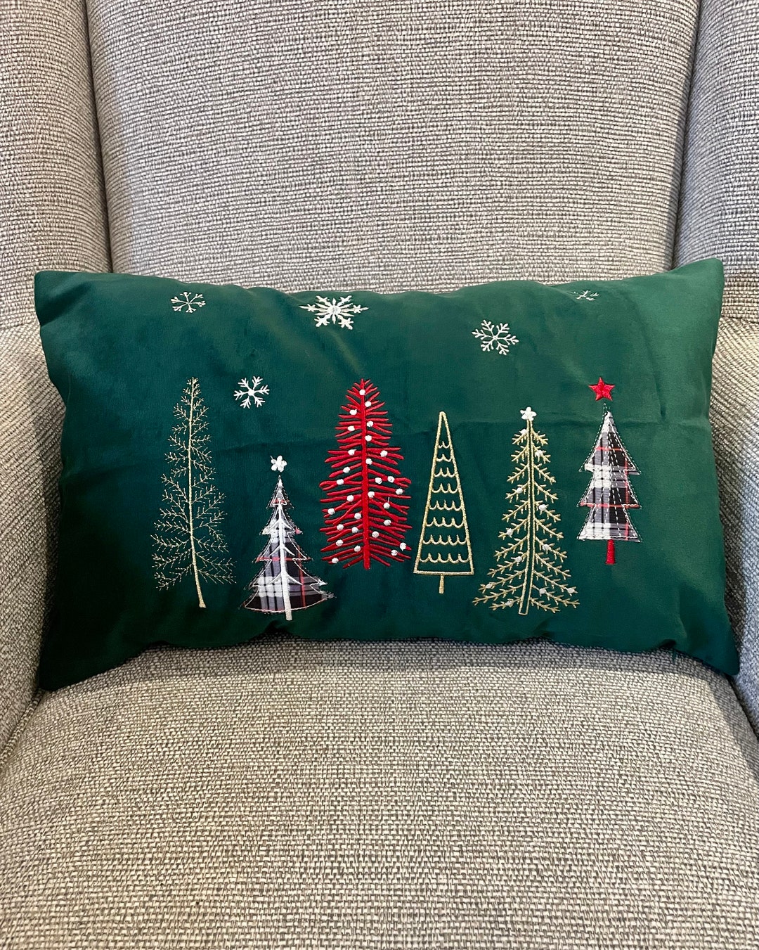 Teal Velvet Christmas Tree Cushion Cover Tartan Christmas Decor Dark