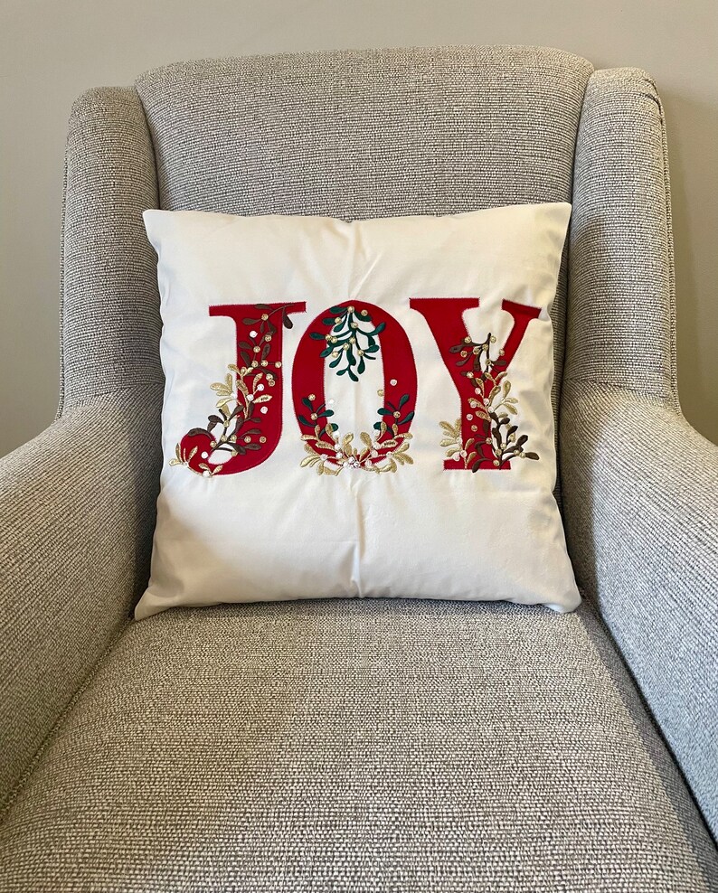 White and Red Christmas Joy Cushion Cover Festive Wording Design Pretty