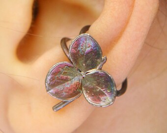 Alchemy Flower Cuff in silver with small Hydrangea flower, Floral Ear cuff, rainbow color flower cuff