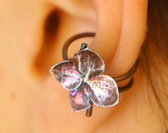 Alchemy Flower Cuff in silver with small Hydrangea flower, Floral Ear cuff, Purple color flower cuff