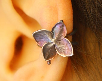 Alchemy Flower Cuff in silver with small Hydrangea flower, Floral Ear cuff, purple color flower cuff