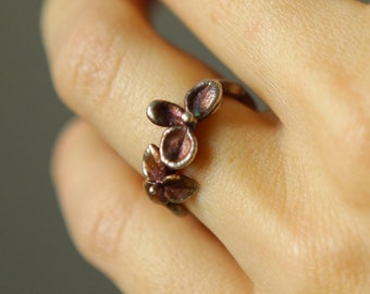 Real alchemy floral ring in blue and purple colored silver, Hydrangea flower, lightweight ring, botanical ring unique