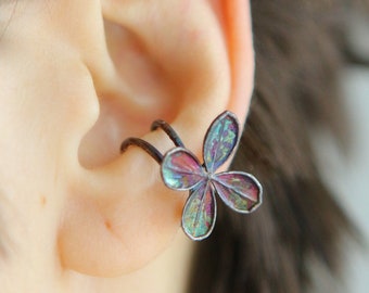 Flower Cuff in silver with small Hydrangea flower, Floral Ear cuff, yellow color flower cuff