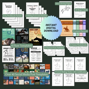 May include: A digital download pack for horseback riding instructors, featuring over 40 social media post templates, 6 flyer templates, 5 lesson planners, 12 arena worksheets, 8 themed pole patterns, 5 level riding tests with certificates, 100 coloring pages, 20 bingo cards, and an equestrian workbook.