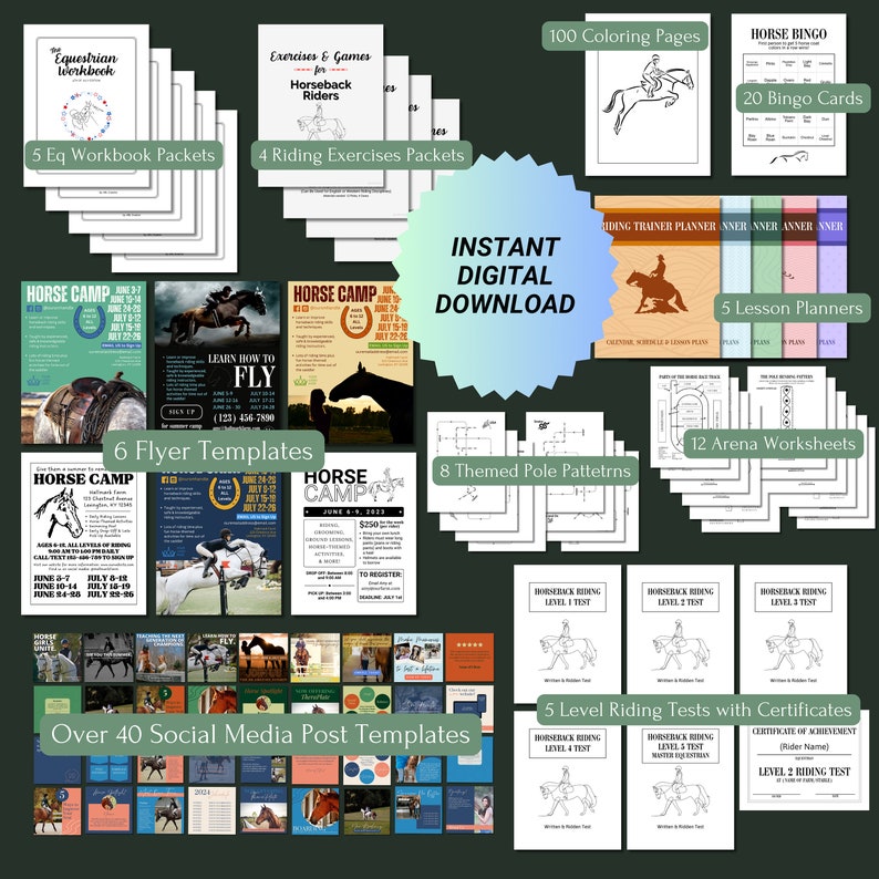 May include: A digital download pack for horseback riding instructors, featuring over 40 social media post templates, 6 flyer templates, 5 lesson planners, 12 arena worksheets, 8 themed pole patterns, 5 level riding tests with certificates, 100 coloring pages, 20 bingo cards, and an equestrian workbook.