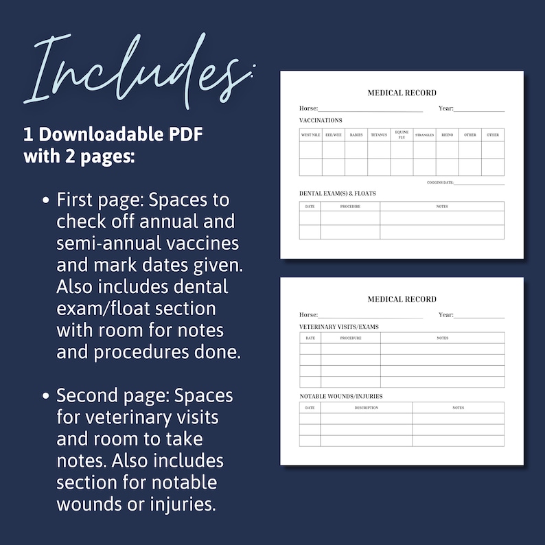 Horse Medical Record Tracking Equine Veterinary Visit Log Vaccination