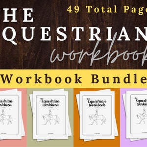 Puede incluir: Un conjunto de cuatro cuadernos de trabajo ecuestre imprimibles, cada uno con una ilustración en blanco y negro de un jinete a caballo. Los cuadernos se titulan "The Equestrian Workbook" y están etiquetados con el número "Volumen 1" a "Volumen 4". Los cuadernos se muestran sobre un fondo de cuatro colores diferentes: rosa, verde, naranja y morado.