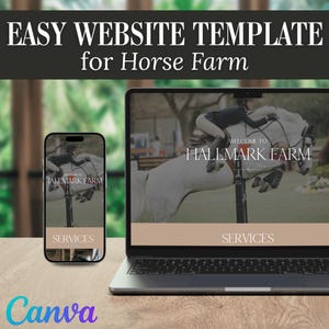 Op de afbeelding: Een mockup van een website-sjabloon voor een paardenboerderij. De sjabloon bevat een foto van een paard dat over een hek springt, met de tekst "Welkom bij Hallmark Farm" en "Services" die op de pagina worden weergegeven. De sjabloon wordt weergegeven op een laptop en een smartphone.